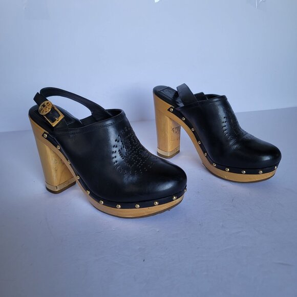 Tory Burch Brayden Perforated Leather Logo Slingback Wood Clogs. Size 7.5M - Picture 1 of 11